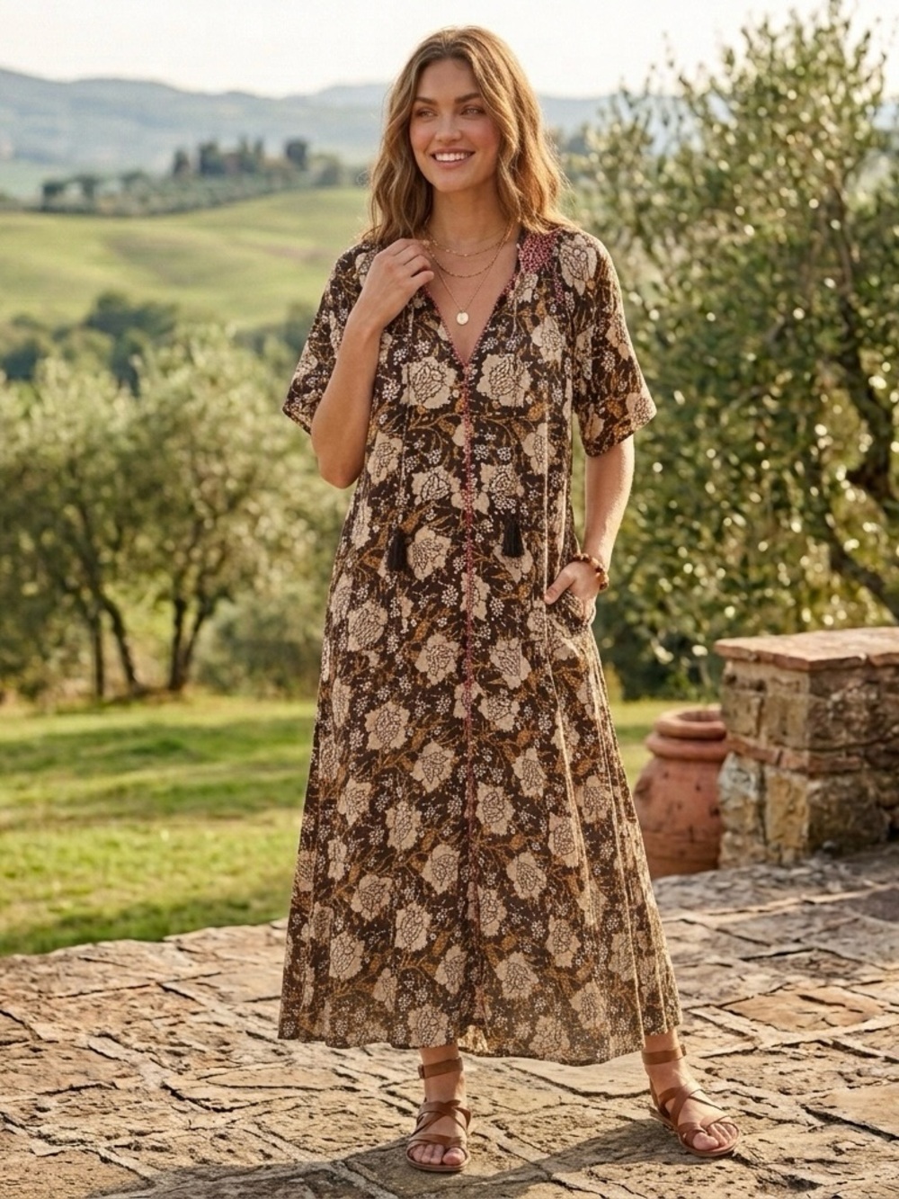 Natural Life Maxi Dress XL Brown Floral Pink Embroidered Stitch Boho Cottagecore